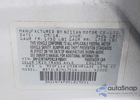 2019 Nissan Versa 1.6 Sv from USA, damaged, VIN 3N1CN7AP2KL819541